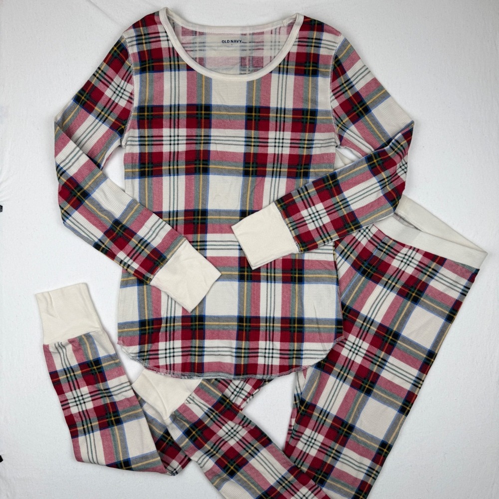 Old Navy Womens Plaid Thermal Pajama Set Red White Blue Waffle Knit Small